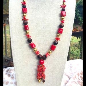 Lee Sands Red Bamboo Branch Coral Tiger's Eye & Cranberry Pearl Tassel Necklace